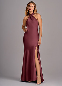 Azazie Lorena Vestidos de damas de honor Vestido de Merlot de Satén Elástico de Corte Sirena con Plisado image1