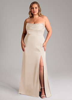 Azazie Saige Vestidos de damas de honor Vestido de Alabastro Blanco de Satén Elástico de Corte Recto con Vestidos sin tirantes image16