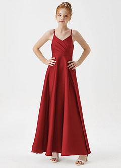 Azazie Avelina Junior Pomegranate A-Line Pleated Stretch Satin Dress image3