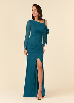 Azazie Marna Final Sale Ink Blue Sheath One Shoulder Mesh Dress image1