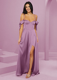 Barbie ♥ Azazie Bridesmaid Dresses Wisteria A-Line Off the Shoulder Stretch Satin Dress image6