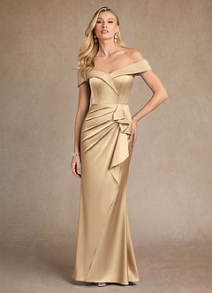 Azazie Laredo Moeder van de bruid jurken Zeemeermin Jurk van Stretch Satijn Off the Shoulder Champagne image3