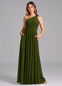 Azazie Charlize Bridesmaid Dresses Olive A-Line One Shoulder Velvet Dress image3