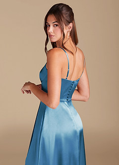 Azazie Halsey Bridesmaid Dresses Steel Blue A-Line Side Slit Metallic Satin Dress image2