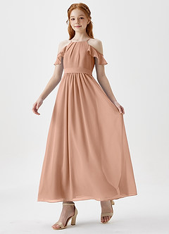 Azazie Chaya Junior Champagne Rose A-Line Off the Shoulder Chiffon Dress image5