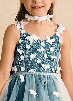 Azazie Darlina Flower Girl Dresses Ivory Ink Blue Ball-Gown Lace Tulle Dress image10