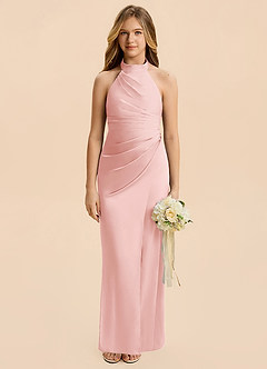 Azazie Jemma Junior Powder Pink Sheath Ruched Stretch Satin Dress image1