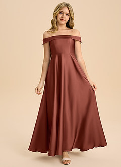 Azazie Sissy Junior Auburn A-Line Off the Shoulder Stretch Satin Dress image4