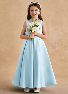 Azazie Honey Bear Flower Girl Dresses Sky Blue A-Line Pleated Matte Satin Dress image3