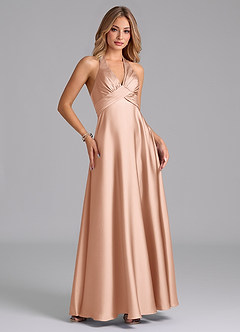 Azazie Tessie Bridesmaid Dresses Rose Gold A-Line Pleated Stretch Satin Dress image4
