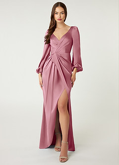 Azazie Mel Bridesmaid Dresses Vintage Mauve Sheath Long Sleeve Stretch Satin Dress image1