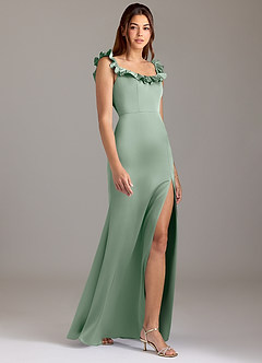 Azazie Callie Bridesmaid Dresses Agave A-Line Ruched Stretch Satin Convertible Dress image4