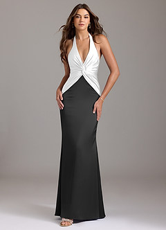 Azazie Valerie Bridesmaid Dresses Ivory Black Mermaid Pleated Stretch Satin Dress image1