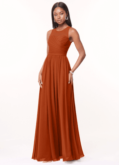 Azazie Nina Vestidos de damas de honor Vestido de Naranja Quemada de Gasa de Corte en A con Plisado image4