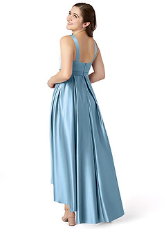 Azazie Inaya Junior Steel Blue A-Line with Belt Stretch Satin Dress image4