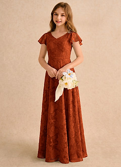 Azazie Narin Girls Formal Robe Demoiselle D'honneur Fillette Robe Trapèze en Blumen-Burnout avec manches Paprika image4
