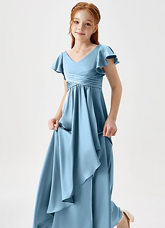 Azazie Omari Junior Steel Blue A-Line Pleated Stretch Satin Dress image6