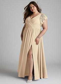 Azazie Zella At-home Try On Dresses Champagne A-Line Lace Chiffon Dress image9