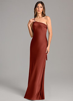 Azazie Monroe Robes de demoiselle d'honneur Robe Sirène en Satin extensible Ue épaule Terracotta image1