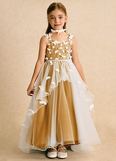 Azazie Darlina Flower Girl Dresses Ivory Butterscotch Ball-Gown Lace Tulle Dress image4