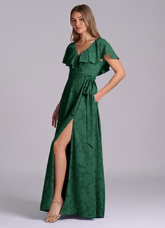 Azazie Lainey Bridesmaid Dresses Dark Green A-Line with Pockets Floral Burnout Dress image6
