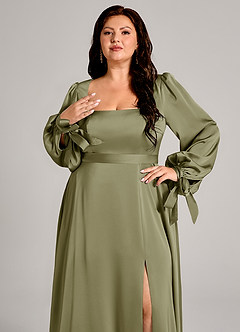 Azazie Leonia Abiti da Damigella Abito A-Line in Raso Elasticizzato Manica Lunga Pistacchio image9