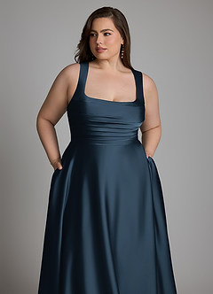 Azazie Azaria Vestidos de madrinha de casamento Vestido Azul Marinho de Cetim elástico de Linha A com Corpete image12
