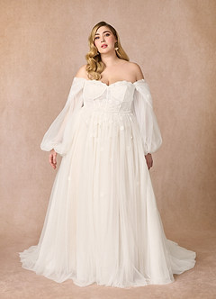 Azazie Airellie Abiti da Sposa Abito A-Line in Tulle a Spalla Scoperta Bianco Diamante Champagne image11