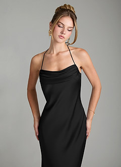 Azazie Mae At-home Try On Dresses Black Mermaid Pleated Stretch Satin Dress image3