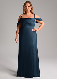 Azazie Saige Vestidos de damas de honor Vestido Azul Marino Oscuro de Satén Elástico de Corte Recto con Hombros descubiertos image16