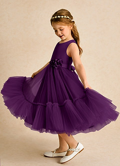 Azazie Miracle Flower Girl Dresses Grape A-Line Bow Matte Satin Dress image1