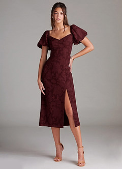 Evalina Wine Puff Sleeves Midi Dress Ready to Ship | Azazie Evalina Wine Puff Sleeves Midi Dress Ready to Ship | Azazie