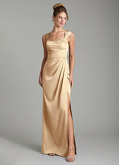 Azazie Filippa Bridesmaid Dresses Champagne A-Line Pleated Stretch Satin Dress image1