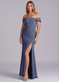 Azazie Luciana Robes de demoiselle d'honneur Robe Fourreau Convertible en Mousseline de soie Épaule décolletée Bleu Orageux image3