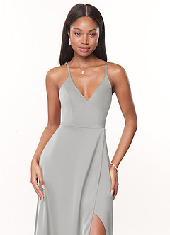Azazie Maksim Bridesmaid Dresses Silver A-Line V-Neck Stretch Satin Dress image5