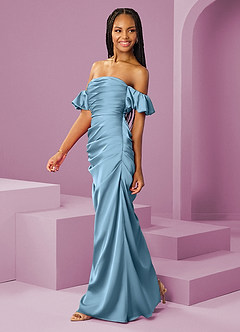 Barbie ♥ Azazie Brudtärnklänningar Klänning av Tubklänning i Stretch Satin Av axeln Stålblå Konvertibel image4