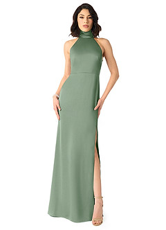 Azazie x Delaney Vestidos de damas de honor Vestido de Matcha de Satén Elástico de Corte Recto con Cuello Alto image1