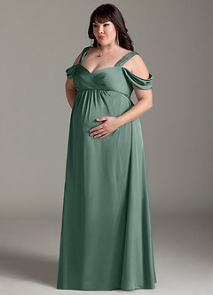 Azazie Rhea Robes de demoiselle d'honneur de maternité Robe Trapèze Épaule nue plissée Longueur ras du sol Satin extensible image11