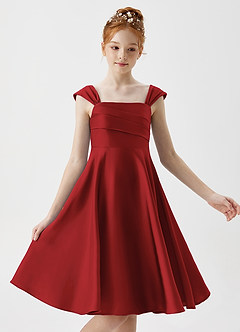 Azazie Amira Junior Pomegranate A-Line Pleated Stretch Satin Dress image3