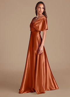 Azazie Pamela At-home Try On Dresses Auburn A-Line Pleated Metallic Satin Dress image5