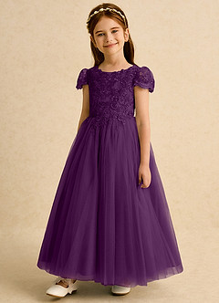 Azazie Puff Flower Girl Dresses Grape Ball-Gown Lace Tulle Dress image5