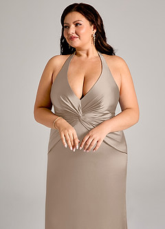 Azazie Valerie Bridesmaid Dresses Taupe Mermaid Pleated Stretch Satin Dress image8