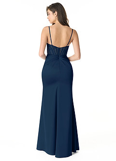 Azazie Lexia Final Sale Dark Navy Sheath Lace Stretch Satin Dress image2