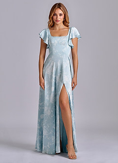 Azazie Bondi Brautjungfernkleider A-Linie Schleifen Stretch-Satin Kleid Puderblaues Blumenmuster image2