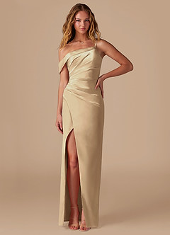 Azazie Lia Bridesmaid Dresses Champagne Sheath Off the Shoulder Metallic Satin Dress image1
