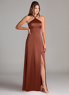 Azazie Elliana Bridesmaid Dresses Clay A-Line Side Slit Stretch Satin Dress image3