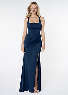 Azazie Mero Bridesmaid Dresses Dark Navy Sheath Pleated Stretch Satin Dress image1