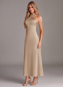 Azazie Doretta Bridesmaid Dresses Taupe Mermaid Pleated Stretch Satin Dress image4