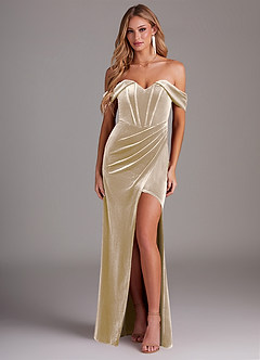 Azazie Jas Bridesmaid Dresses Champagne Sheath Off-The-Shoulder Corset Velvet Convertible Dress image1