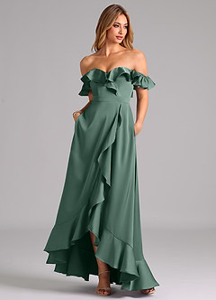 Azazie Lyra Bridesmaid Dresses Eucalyptus A-Line Off the Shoulder Stretch Satin Convertible Dress image3